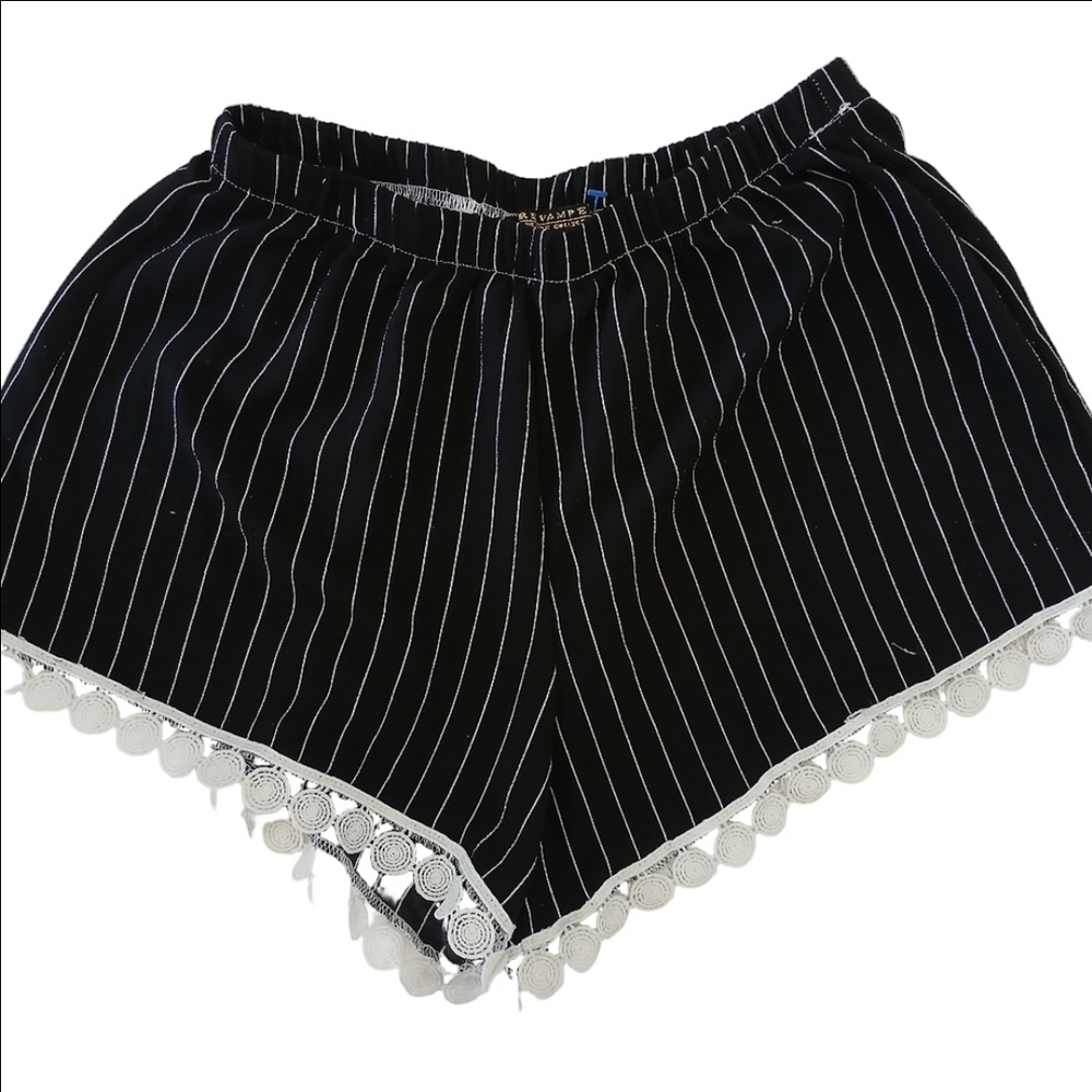 REVAMPED BLACK white striped Lace Edging Details SHORTS Sz M